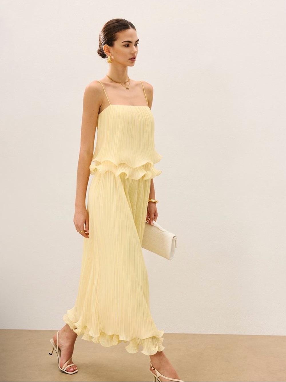 Commense Pale Yellow Pleated Ruffle Maxi Skirt Set